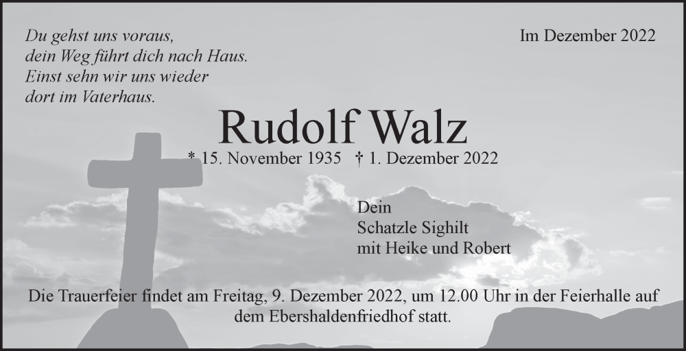  Traueranzeige für Rudolf Walz vom 08.12.2022 aus Eßlinger Zeitung/Cannstatter Zeitung