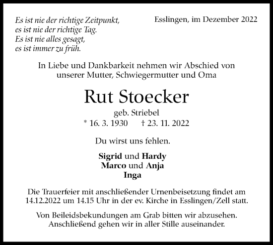 Traueranzeige von Rut Stoecker von Eßlinger Zeitung/Cannstatter Zeitung