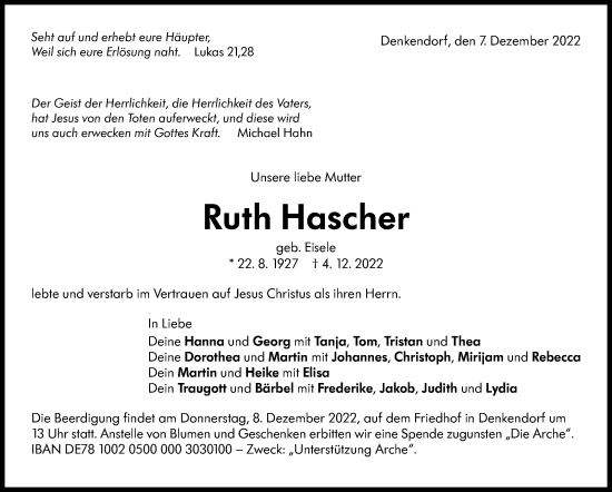 Traueranzeige von Ruth Hascher von Eßlinger Zeitung/Cannstatter Zeitung