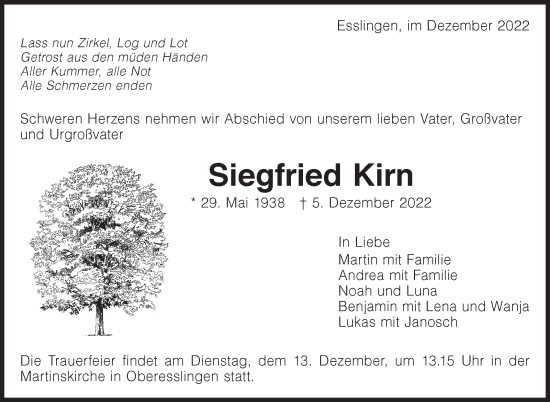 Traueranzeige von Siegfried Kirn von Eßlinger Zeitung/Cannstatter Zeitung
