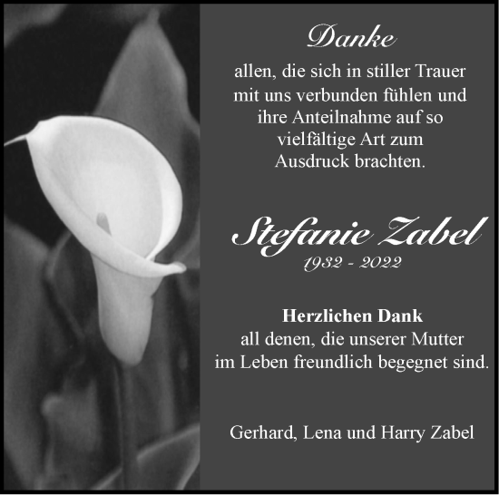 Traueranzeige von Stefanie Zabel von Eßlinger Zeitung/Cannstatter Zeitung