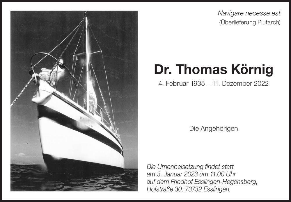  Traueranzeige für Thomas Körnig vom 30.12.2022 aus Eßlinger Zeitung/Cannstatter Zeitung