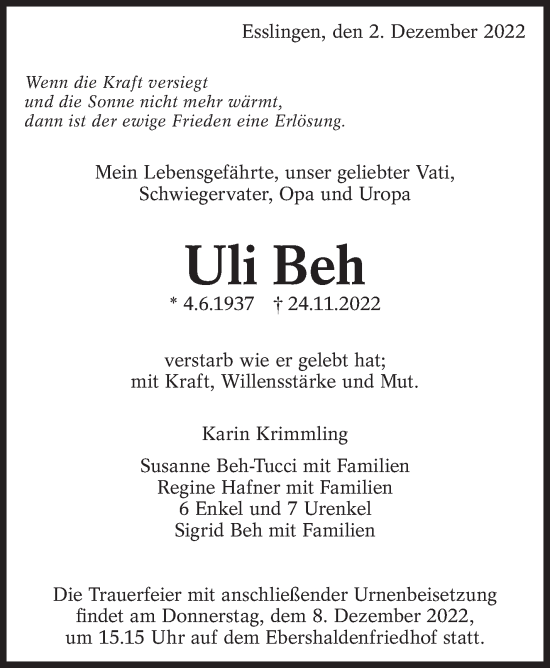Traueranzeige von Uli Beh von Eßlinger Zeitung/Cannstatter Zeitung