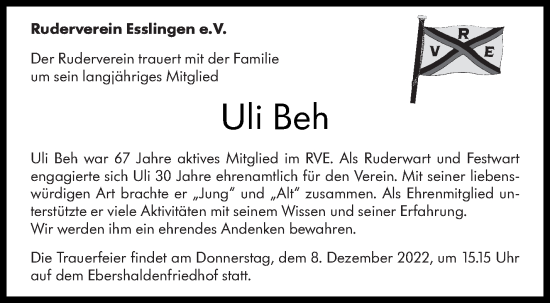 Traueranzeige von Uli Beh von Eßlinger Zeitung/Cannstatter Zeitung