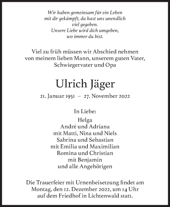 Traueranzeige von Ulrich Jäger von Eßlinger Zeitung/Cannstatter Zeitung