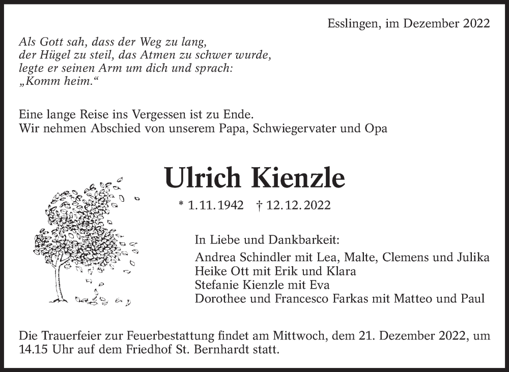  Traueranzeige für Ulrich Kienzle vom 17.12.2022 aus Eßlinger Zeitung/Cannstatter Zeitung