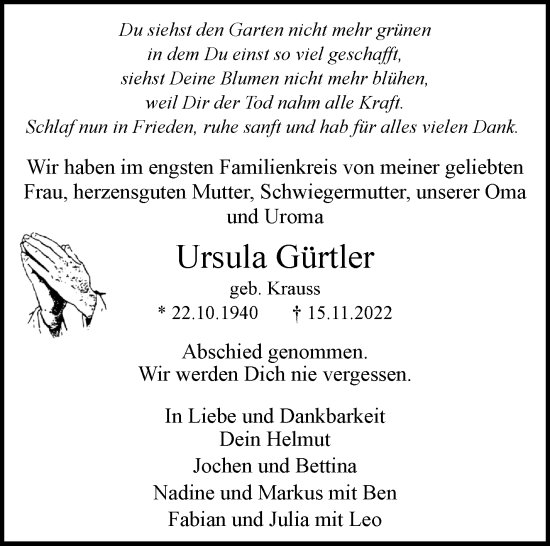Traueranzeige von Ursula Gürtler von Eßlinger Zeitung/Cannstatter Zeitung