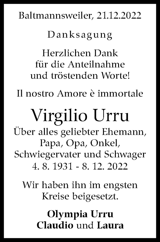 Traueranzeige von Virgilio Urru von Eßlinger Zeitung/Cannstatter Zeitung