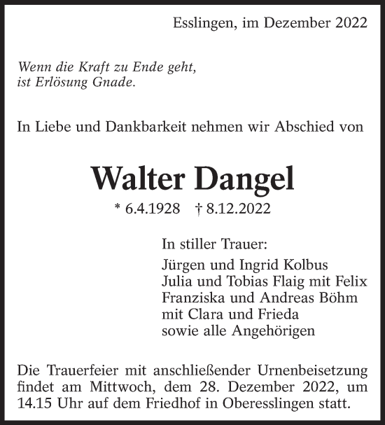 Traueranzeige von Walter Dangel von Eßlinger Zeitung/Cannstatter Zeitung