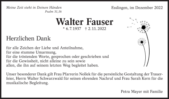 Traueranzeige von Walter Fauser von Eßlinger Zeitung/Cannstatter Zeitung