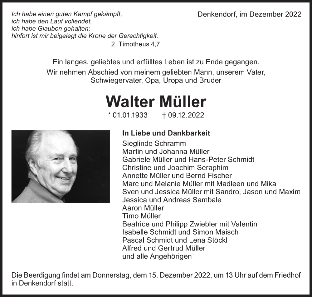  Traueranzeige für Walter Müller vom 14.12.2022 aus Eßlinger Zeitung/Cannstatter Zeitung