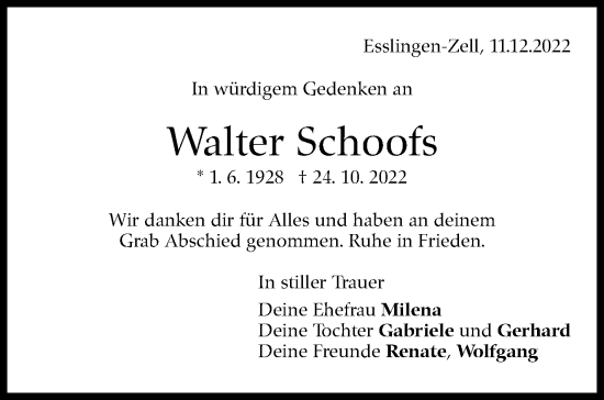 Traueranzeige von Walter Schoofs von Eßlinger Zeitung/Cannstatter Zeitung