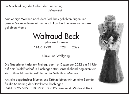 Traueranzeige von Waltraud Beck von Eßlinger Zeitung/Cannstatter Zeitung