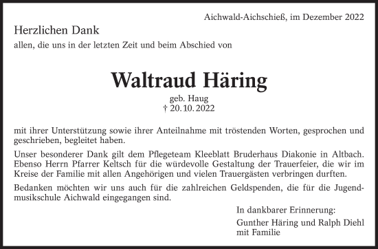 Traueranzeige von Waltraud Häring von Eßlinger Zeitung/Cannstatter Zeitung