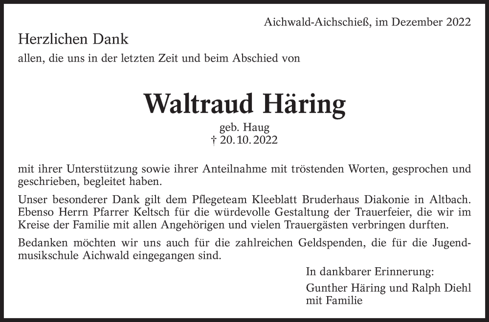  Traueranzeige für Waltraud Häring vom 03.12.2022 aus Eßlinger Zeitung/Cannstatter Zeitung