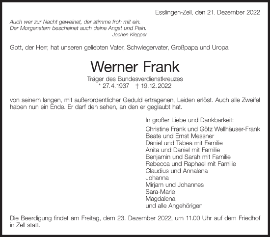 Traueranzeige von Werner Frank von Eßlinger Zeitung/Cannstatter Zeitung