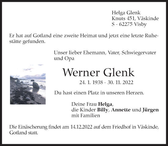 Traueranzeige von Werner Glenk von Eßlinger Zeitung/Cannstatter Zeitung