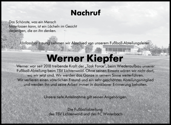 Traueranzeige von Werner Kiepfer von Eßlinger Zeitung/Cannstatter Zeitung