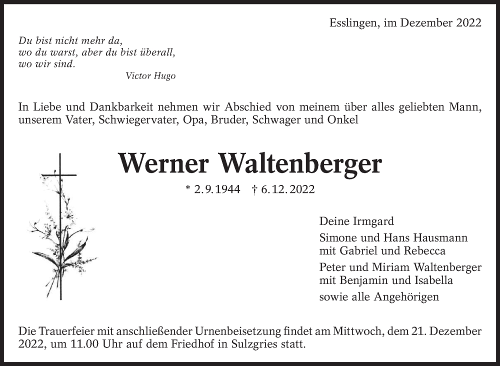 Traueranzeige für Werner Waltenberger vom 14.12.2022 aus Eßlinger Zeitung/Cannstatter Zeitung