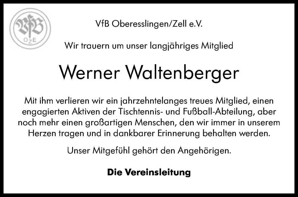 Traueranzeige für Werner Waltenberger vom 21.12.2022 aus Eßlinger Zeitung/Cannstatter Zeitung