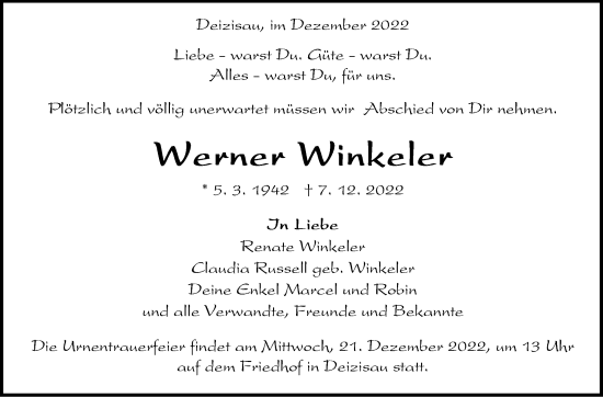 Traueranzeige von Werner Winkeler von Eßlinger Zeitung/Cannstatter Zeitung