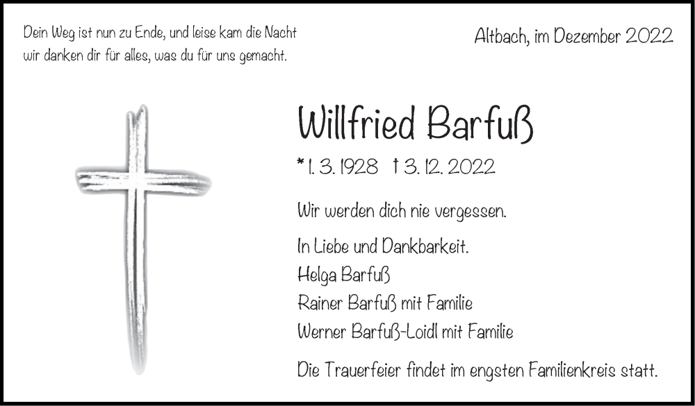  Traueranzeige für Willfried Barfuß vom 09.12.2022 aus Eßlinger Zeitung/Cannstatter Zeitung