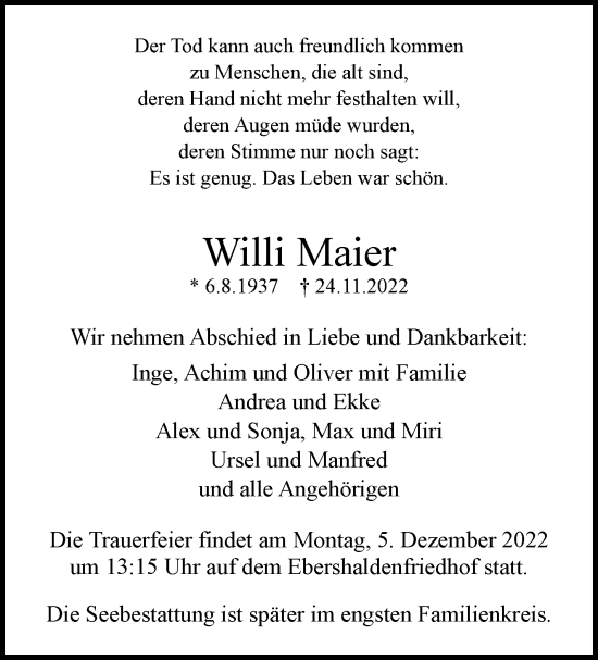Traueranzeige von Willi Maier von Eßlinger Zeitung/Cannstatter Zeitung