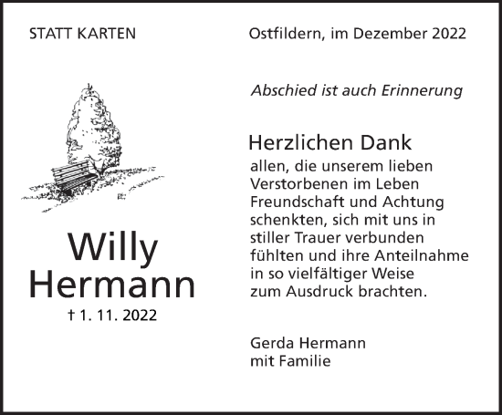 Traueranzeige von Willy Hermann von Eßlinger Zeitung/Cannstatter Zeitung