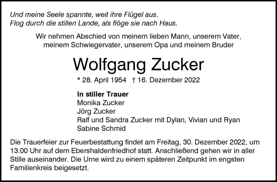 Traueranzeige von Wolfgang Zucker von Eßlinger Zeitung/Cannstatter Zeitung