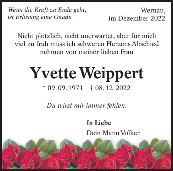 Traueranzeige von Yvette Weippert von Eßlinger Zeitung/Cannstatter Zeitung