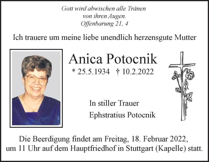  Traueranzeige für Anica Potocnik vom 15.02.2022 aus Eßlinger Zeitung/Cannstatter Zeitung