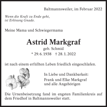Traueranzeige von Astrid Markgraf von Eßlinger Zeitung/Cannstatter Zeitung
