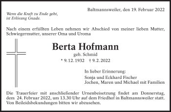 Traueranzeige von Berta Hofmann von Eßlinger Zeitung/Cannstatter Zeitung