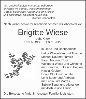 Traueranzeige von Brigitte Wiese von Eßlinger Zeitung/Cannstatter Zeitung