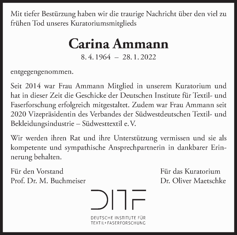  Traueranzeige für Carina Ammann vom 05.02.2022 aus Eßlinger Zeitung/Cannstatter Zeitung