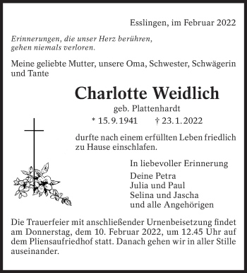 Traueranzeige von Charlotte Weidlich von Eßlinger Zeitung/Cannstatter Zeitung