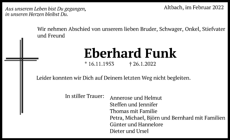  Traueranzeige für Eberhard Funk vom 17.02.2022 aus Eßlinger Zeitung/Cannstatter Zeitung