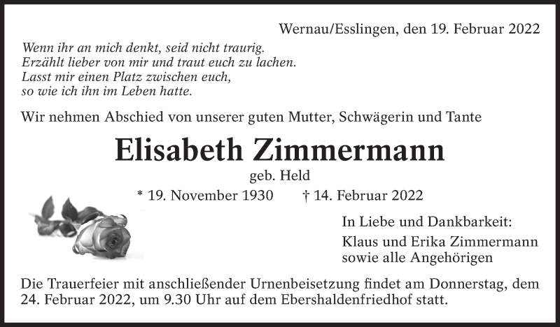  Traueranzeige für Elisabeth Zimmermann vom 19.02.2022 aus Eßlinger Zeitung/Cannstatter Zeitung