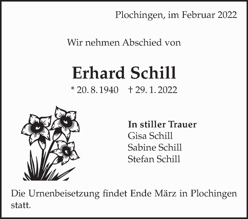  Traueranzeige für Erhard Schill vom 05.02.2022 aus Eßlinger Zeitung/Cannstatter Zeitung