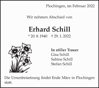 Traueranzeige von Erhard Schill von Eßlinger Zeitung/Cannstatter Zeitung