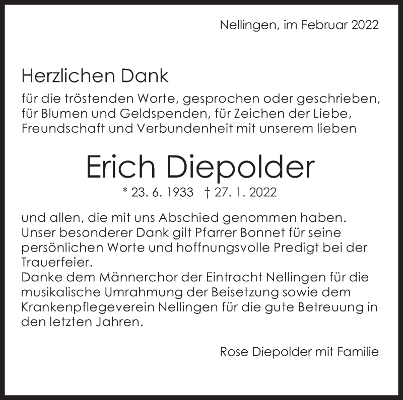  Traueranzeige für Erich Diepolder vom 12.02.2022 aus Eßlinger Zeitung/Cannstatter Zeitung