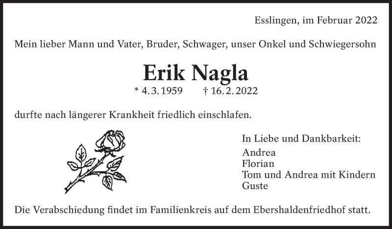  Traueranzeige für Erik Nagla vom 19.02.2022 aus Eßlinger Zeitung/Cannstatter Zeitung