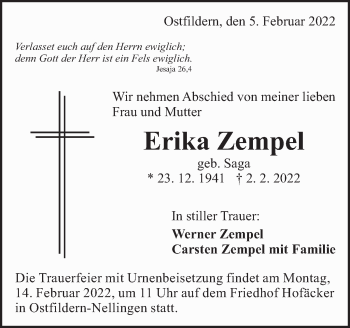 Traueranzeige von Erika Zempel von Eßlinger Zeitung/Cannstatter Zeitung