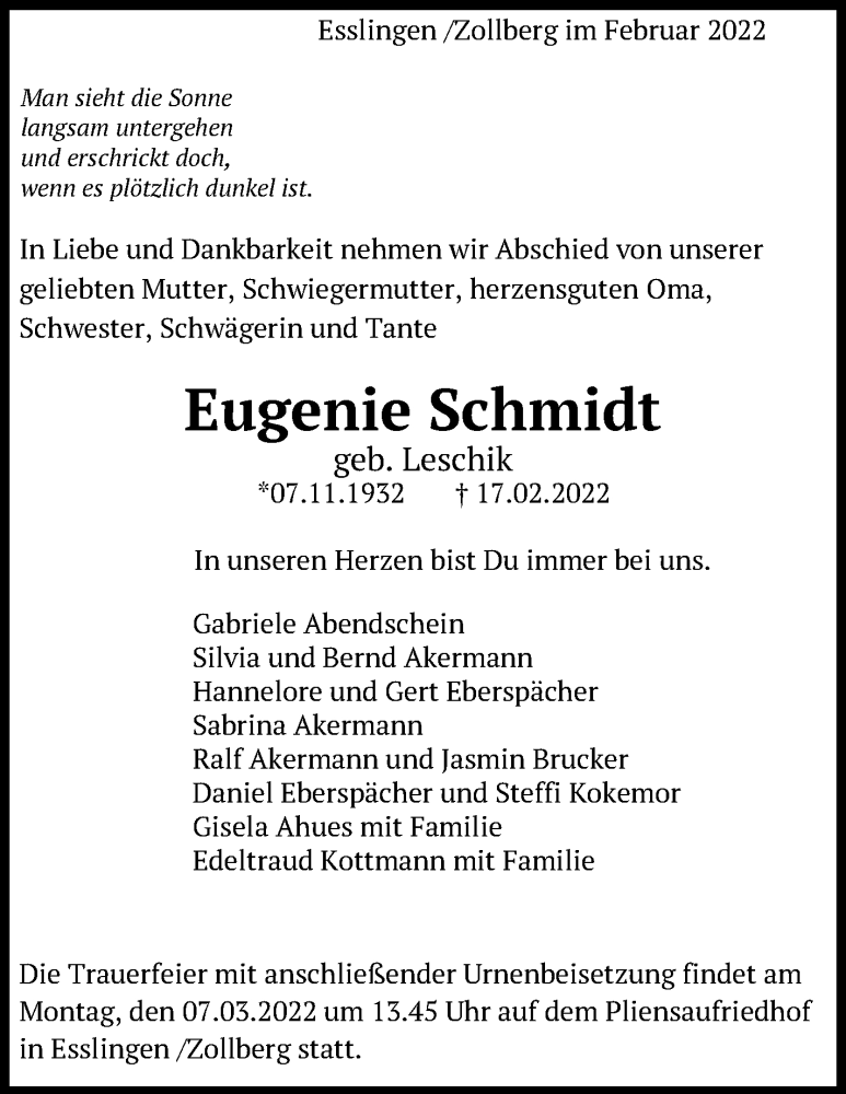  Traueranzeige für Eugenie Schmidt vom 25.02.2022 aus Eßlinger Zeitung/Cannstatter Zeitung