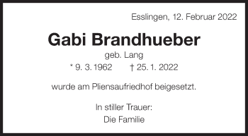 Traueranzeige von Gabi Brandhueber von Eßlinger Zeitung/Cannstatter Zeitung