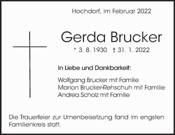 Traueranzeige von Gerda Brucker von Eßlinger Zeitung/Cannstatter Zeitung