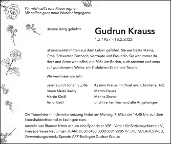 Traueranzeige von Gudrun Krauss von Eßlinger Zeitung/Cannstatter Zeitung