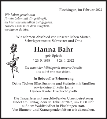 Traueranzeige von Hanna Bahr von Eßlinger Zeitung/Cannstatter Zeitung
