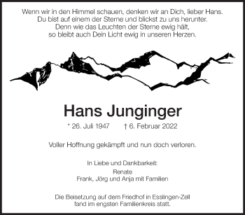 Traueranzeige von Hans Junginger von Eßlinger Zeitung/Cannstatter Zeitung