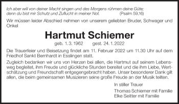 Traueranzeige von Hartmut Schiemer von Eßlinger Zeitung/Cannstatter Zeitung